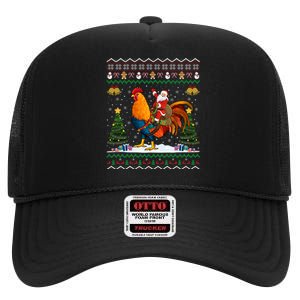 Rooster Ugly Xmas Gift Santa Riding Rooster Christmas High Crown Mesh Back Trucker Hat