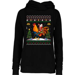 Rooster Ugly Xmas Gift Santa Riding Rooster Christmas Womens Funnel Neck Pullover Hood