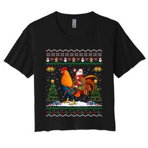 Rooster Ugly Xmas Gift Santa Riding Rooster Christmas Women's Crop Top Tee