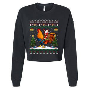 Rooster Ugly Xmas Gift Santa Riding Rooster Christmas Cropped Pullover Crew