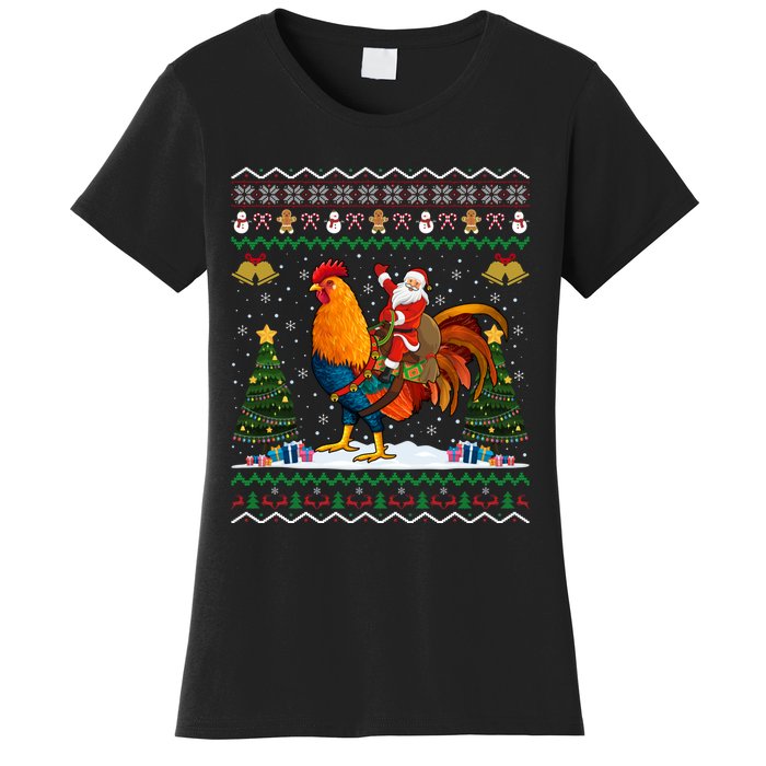 Rooster Ugly Xmas Gift Santa Riding Rooster Christmas Women's T-Shirt