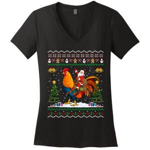 Rooster Ugly Xmas Gift Santa Riding Rooster Christmas Women's V-Neck T-Shirt