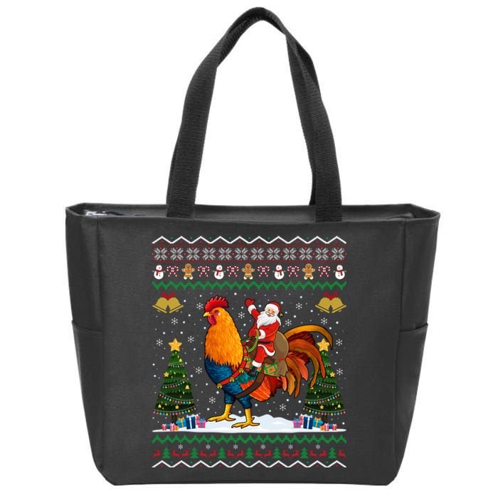 Rooster Ugly Xmas Gift Santa Riding Rooster Christmas Zip Tote Bag