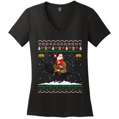 Raven Ugly Xmas Gift Santa Riding Raven Christmas Women's V-Neck T-Shirt