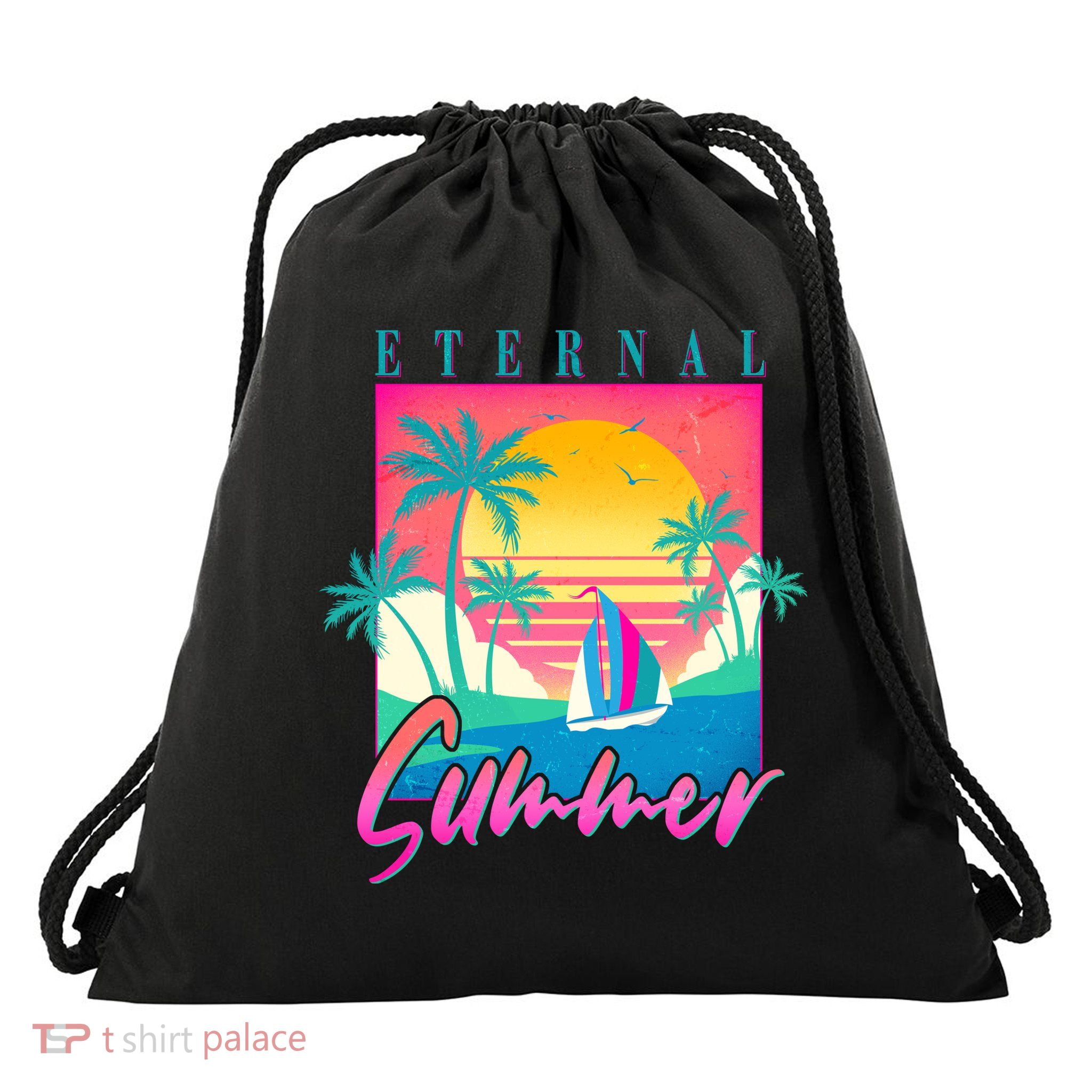 Retro Vintage 1980s Eternal Summer Tropical Vacation Time Drawstring Bag
