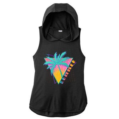 Retro Vintage 1980s Summer Palm Tree Summer Vacation Time Ladies PosiCharge Tri-Blend Wicking Draft Hoodie Tank