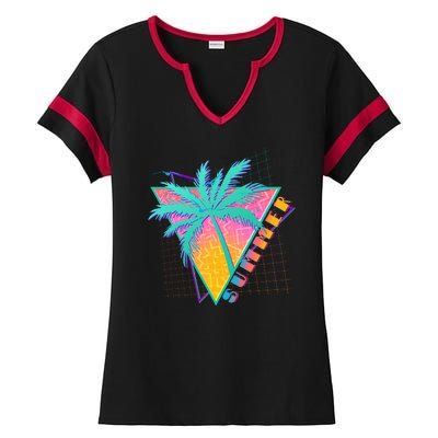 Retro Vintage 1980s Summer Palm Tree Summer Vacation Time Ladies Halftime Notch Neck Tee