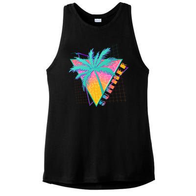 Retro Vintage 1980s Summer Palm Tree Summer Vacation Time Ladies PosiCharge Tri-Blend Wicking Tank