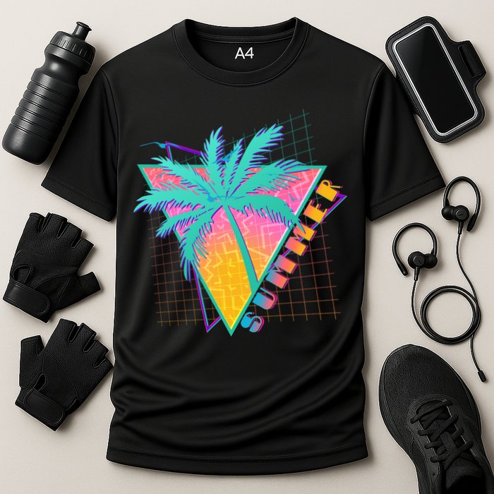 Retro Vintage 1980s Summer Palm Tree Summer Vacation Time Performance Shirt