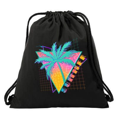 Retro Vintage 1980s Summer Palm Tree Summer Vacation Time Drawstring Bag