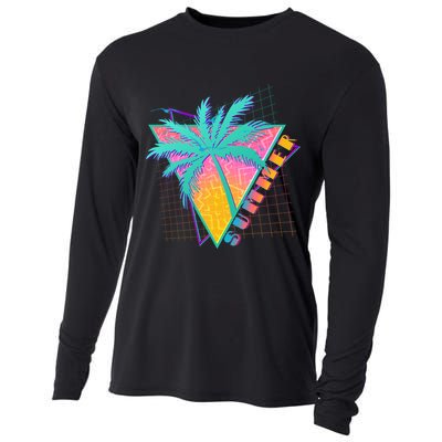 Retro Vintage 1980s Summer Palm Tree Summer Vacation Time Cooling Performance Long Sleeve Crew