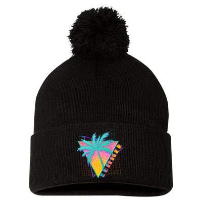 Retro Vintage 1980s Summer Palm Tree Summer Vacation Time Pom Pom 12in Knit Beanie
