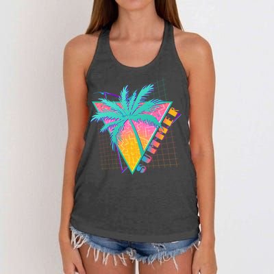 Retro Vintage 1980s Summer Palm Tree Summer Vacation Time Women's Knotted Racerback Tank