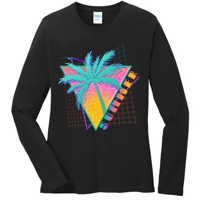 Retro Vintage 1980s Summer Palm Tree Summer Vacation Time Ladies Long Sleeve Shirt