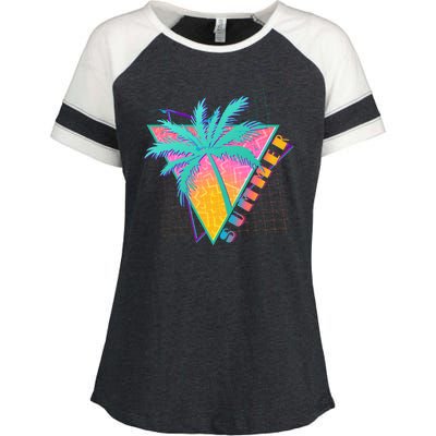 Retro Vintage 1980s Summer Palm Tree Summer Vacation Time Enza Ladies Jersey Colorblock Tee