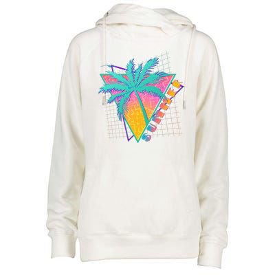 Retro Vintage 1980s Summer Palm Tree Summer Vacation Time Womens Funnel Neck Pullover Hood