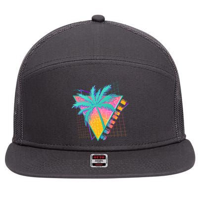 Retro Vintage 1980s Summer Palm Tree Summer Vacation Time 7 Panel Mesh Trucker Snapback Hat