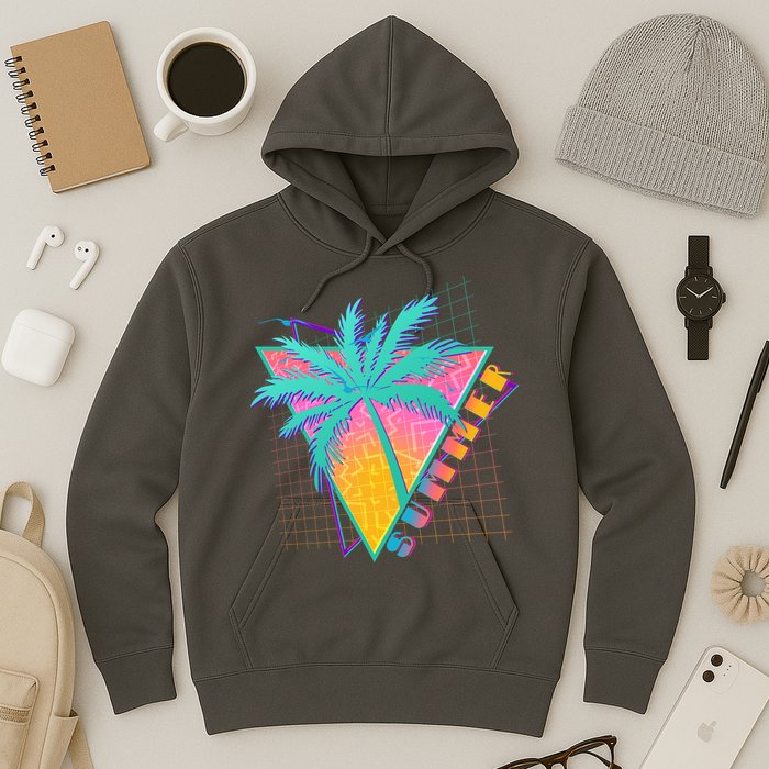 Retro Vintage 1980s Summer Palm Tree Summer Vacation Time Hoodie