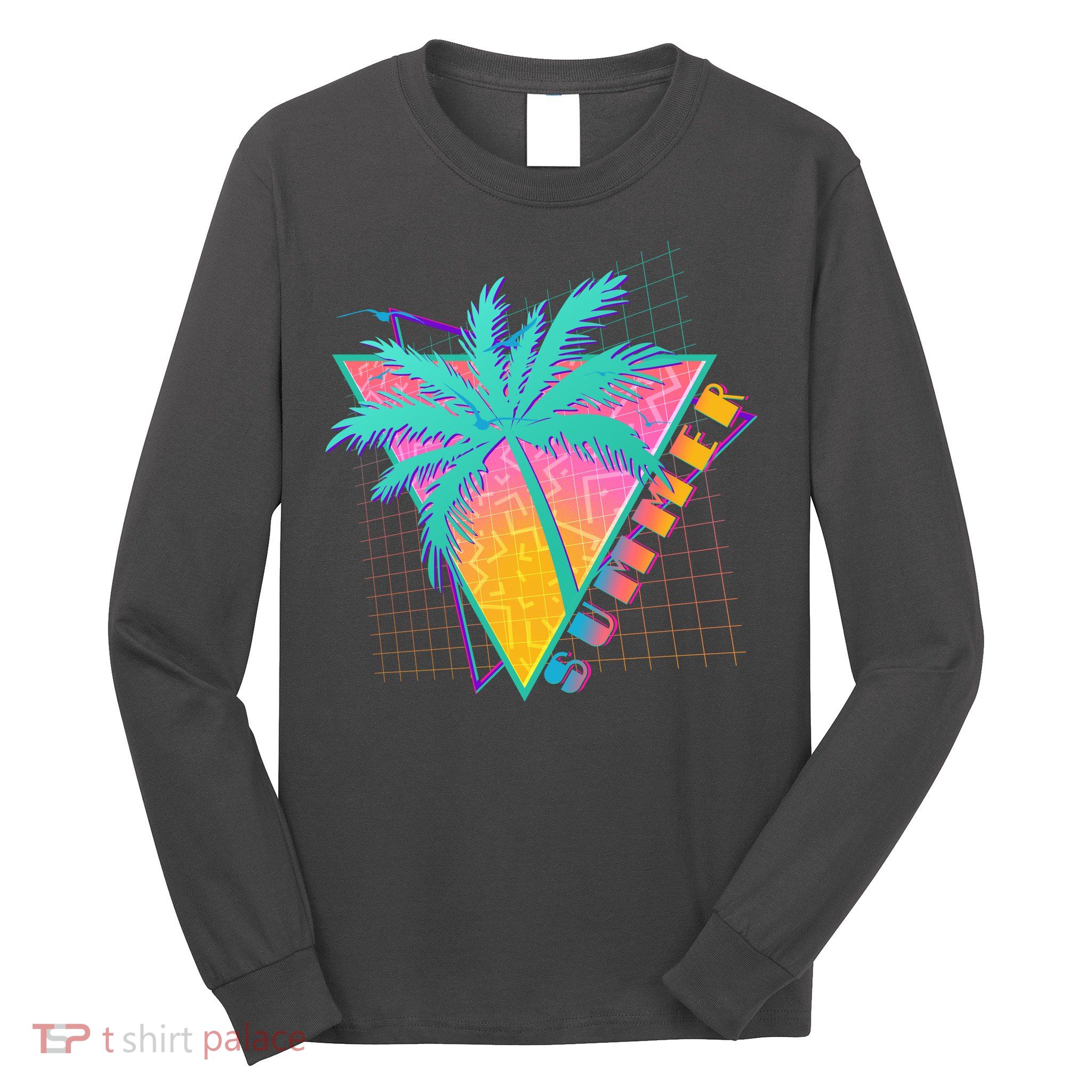 Retro Vintage 1980s Summer Palm Tree Summer Vacation Time Long Sleeve Shirt