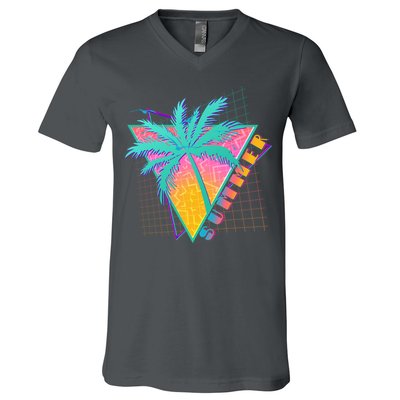 Retro Vintage 1980s Summer Palm Tree Summer Vacation Time V-Neck T-Shirt