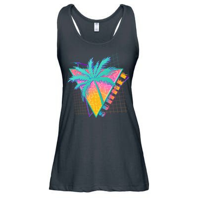 Retro Vintage 1980s Summer Palm Tree Summer Vacation Time Ladies Essential Flowy Tank