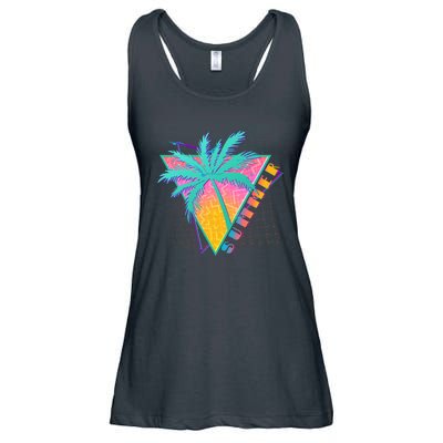 Retro Vintage 1980s Summer Palm Tree Summer Vacation Time Ladies Essential Flowy Tank