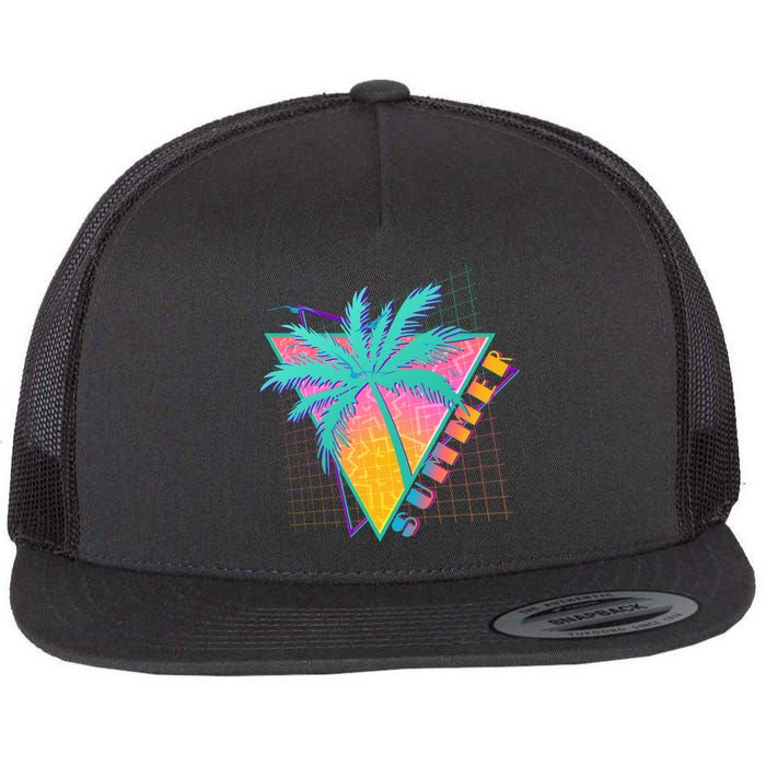 Retro Vintage 1980s Summer Palm Tree Summer Vacation Time Flat Bill Trucker Hat