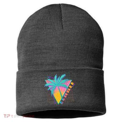 Retro Vintage 1980s Summer Palm Tree Summer Vacation Time Sustainable Knit Beanie