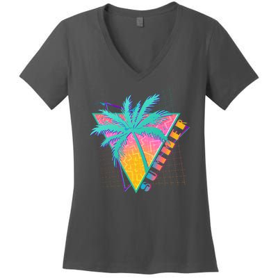 Retro Vintage 1980s Summer Palm Tree Summer Vacation Time Women's V-Neck T-Shirt