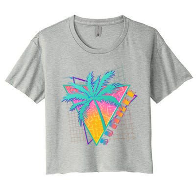 Retro Vintage 1980s Summer Palm Tree Summer Vacation Time Women's Crop Top Tee