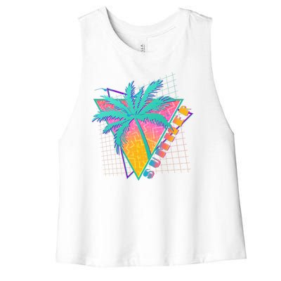 Retro Vintage 1980s Summer Palm Tree Summer Vacation Time Women's Racerback Cropped Tank