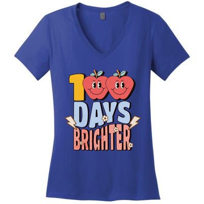 Retro Vintage 100 Day Brighter 100th Day Of School Teacher Gift Women's V-Neck T-Shirt