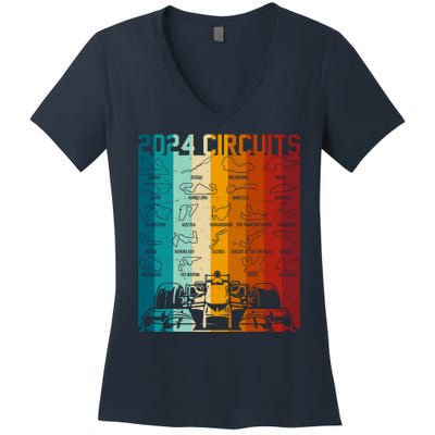 Retro Vintage 2024 Circuits Formula One Race Car Tracks Women's V-Neck T-Shirt