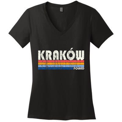 Retro Vintage 70s 80s Style KrakóW Poland Women's V-Neck T-Shirt