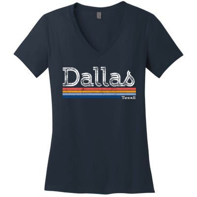 Retro Vintage 80s Style Dallas Texas Logo Women's V-Neck T-Shirt