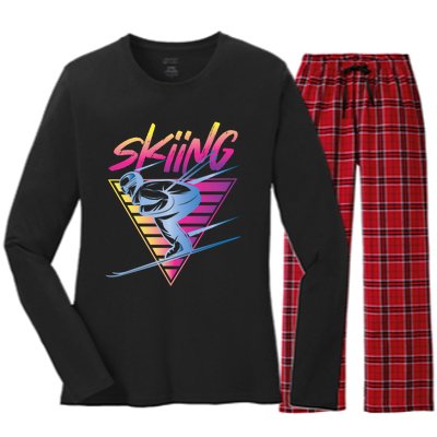 Retro Vintage 80s Ski Skiing Funny Ski Trip Skier Skiing Women's Long Sleeve Flannel Pajama Set 