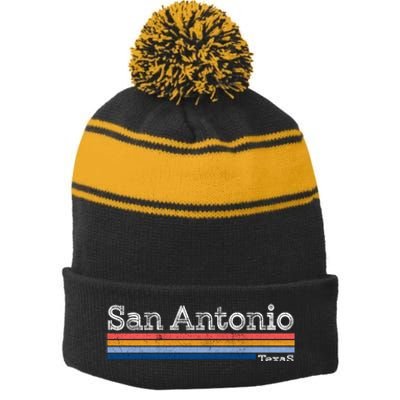 Retro Vintage 80s Style San Antonio Texas Logo Stripe Pom Pom Beanie