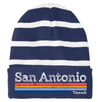 Retro Vintage 80s Style San Antonio Texas Logo Striped Beanie with Solid Band