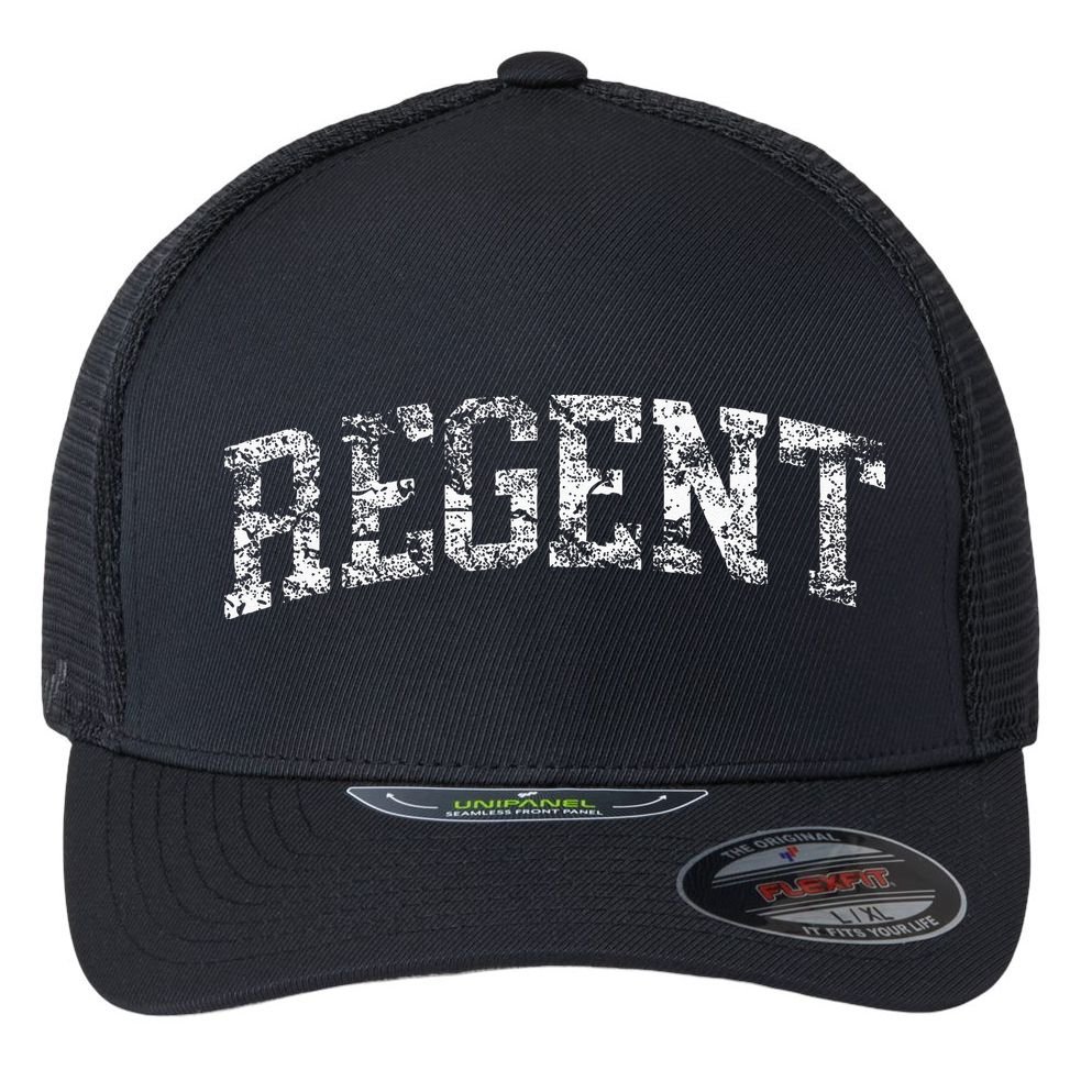 Regent Vintage Arch Logo University Sports Style Flexfit Unipanel Trucker Cap