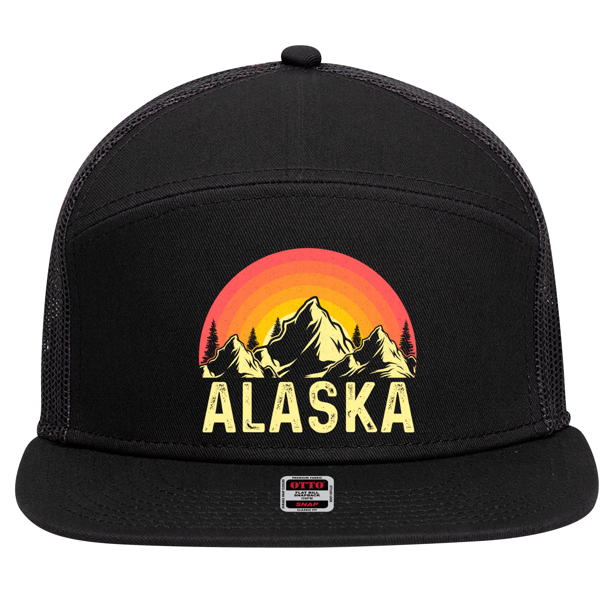 Retro Vintage Alaska Mountain & Sun 7 Panel Mesh Trucker Snapback Hat