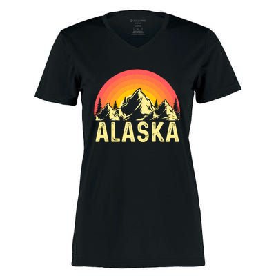 Retro Vintage Alaska Mountain & Sun Women's Momentum V-Neck T-Shirt