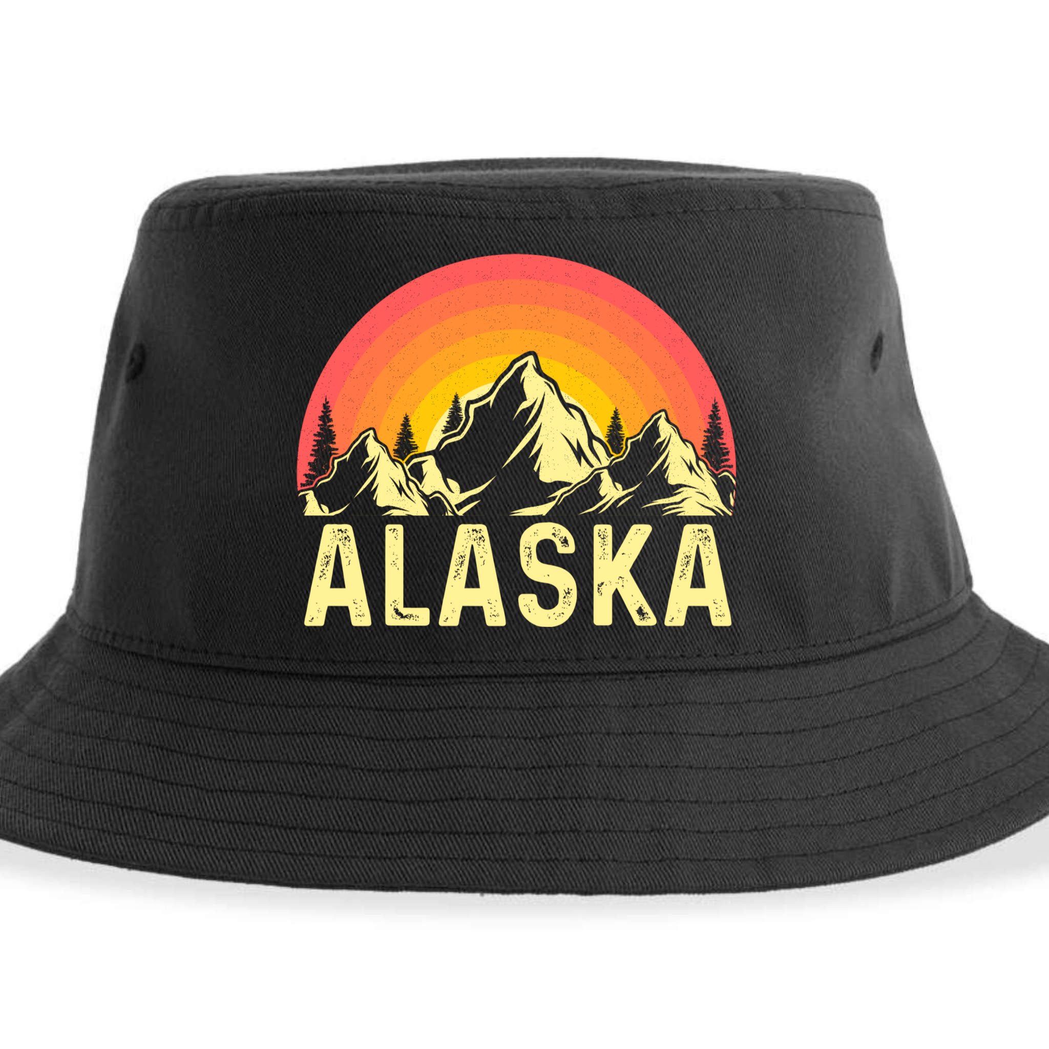 Retro Vintage Alaska Mountain & Sun Sustainable Bucket Hat