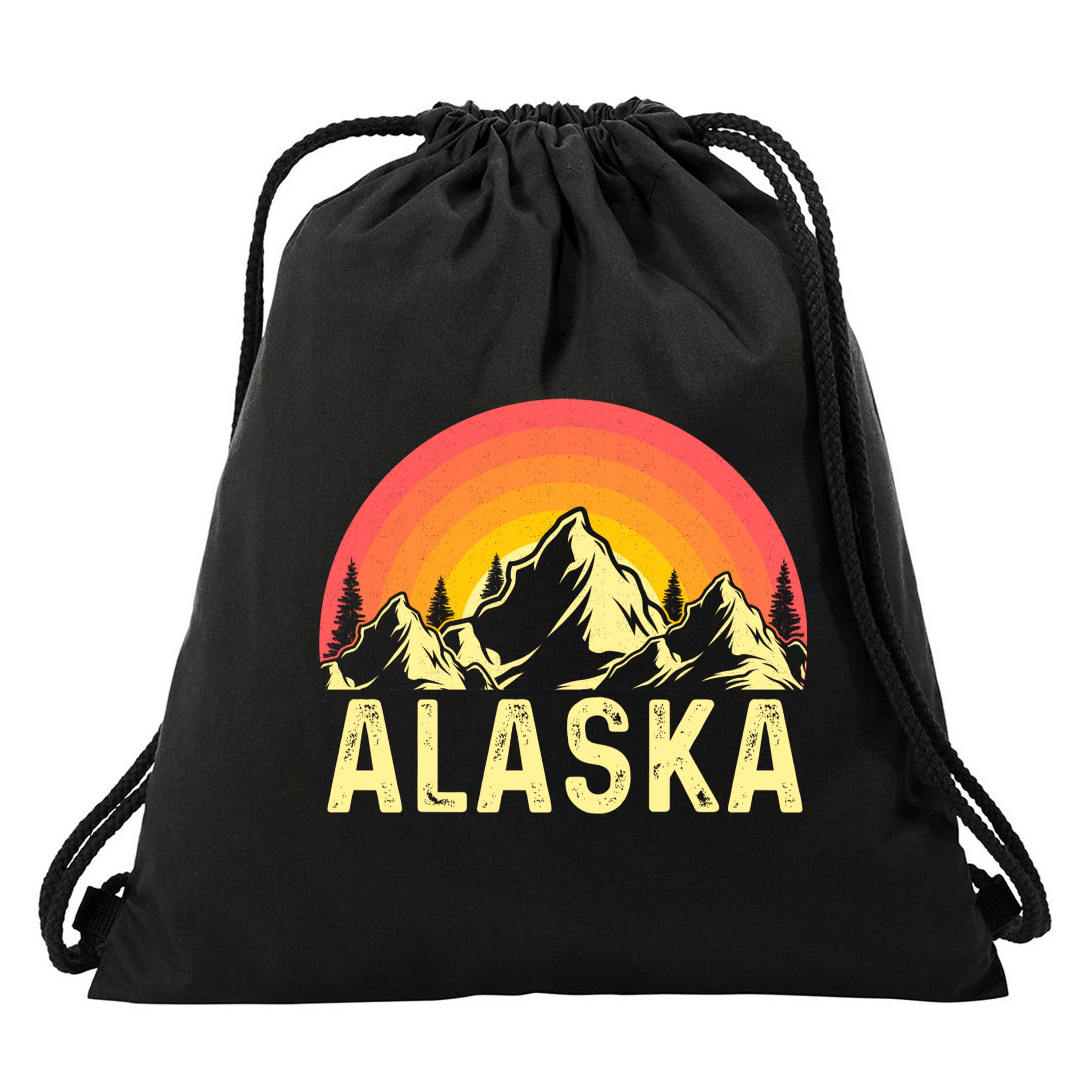 Retro Vintage Alaska Mountain & Sun Drawstring Bag
