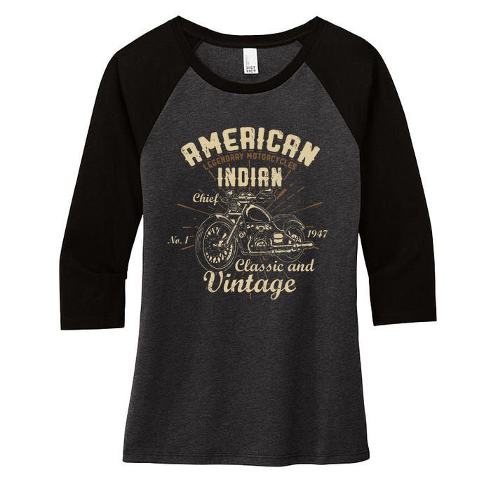 Retro Vintage American Motorcycle I.N.D.I.A.N Women's Tri-Blend 3/4-Sleeve Raglan Shirt