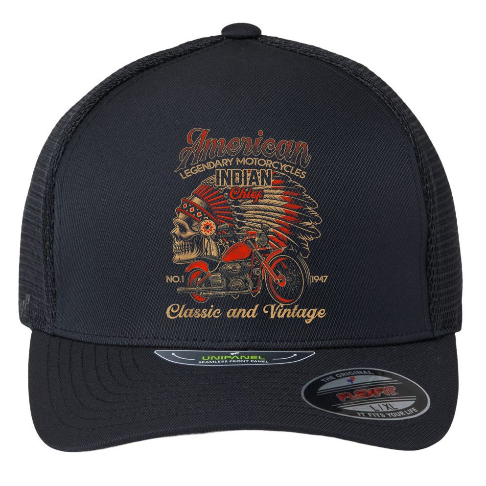 Retro Vintage American Motorcycle Indian for Old Biker Funny Flexfit Unipanel Trucker Cap