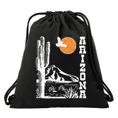 Retro Vintage Arizona Mountain Sedona Desert Sun And Cactus Drawstring Bag