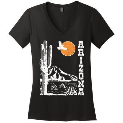 Retro Vintage Arizona Mountain Sedona Desert Sun And Cactus Women's V-Neck T-Shirt