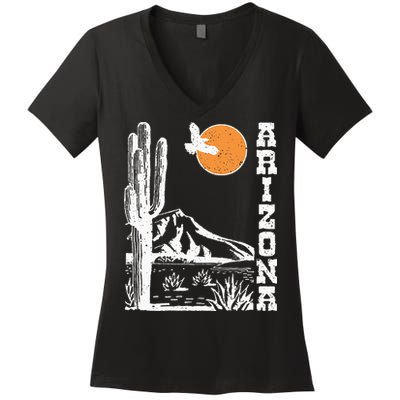Retro Vintage Arizona Mountain Sedona Desert Sun And Cactus Women's V-Neck T-Shirt