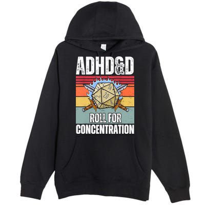 Retro Vintage ADHD&D Roll For Concentration Funny Gamer Premium Pullover Hoodie