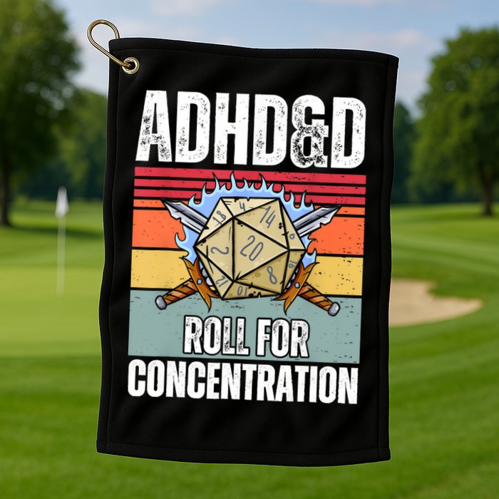 Retro Vintage ADHD&D Roll For Concentration Funny Gamer Golf Towel